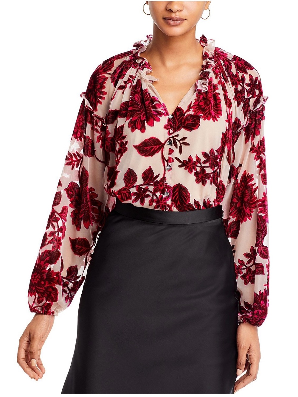 Bloomingdale’s Cupio Red Floral Burnout Ruffle Blouse on Cream size Large